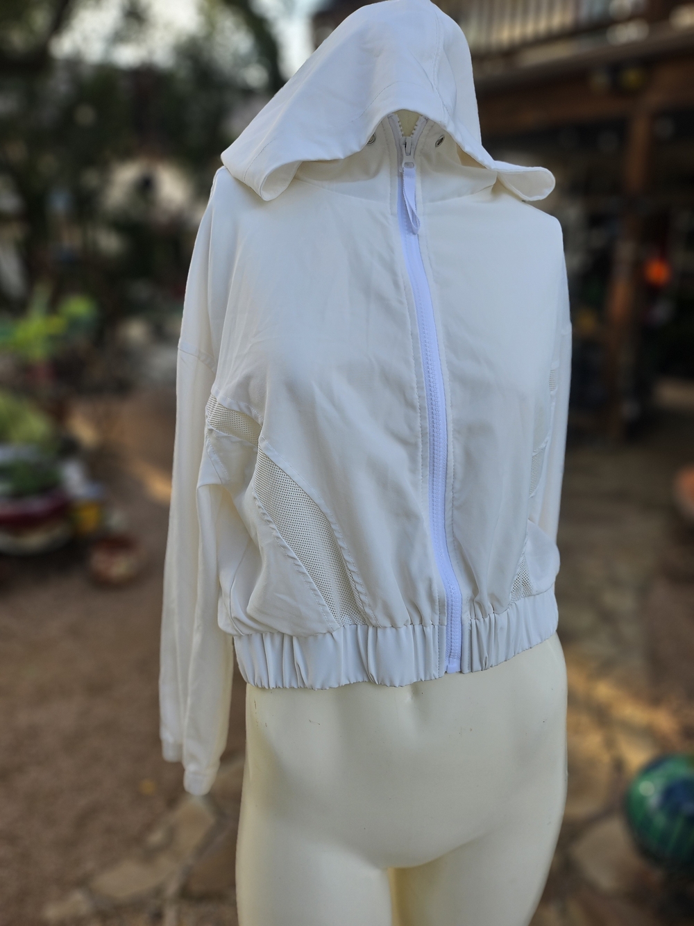 GB girls Cream Polyester Spandex Hooded Bomber Jacket with Mesh Panels XS